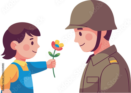 A young child in overalls gives a colorful flower to a smiling soldier in a helmet and uniform.