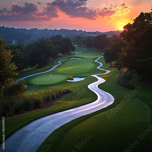 Panoramic wide angle view of golf course shot 16 35mm f28 lens f8 ISO 100 400 fairway lead up hole illuminated rich tone of early morning or late afternoon sunlight creating soft yet vibrant
