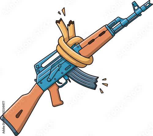 Stylized blue and brown assault rifle with a knotted broken barrel symbolizing peace and non-violence.