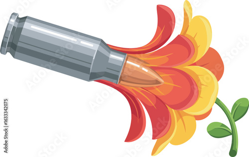 A metallic bullet with a copper tip emerging from the vibrant red and yellow petals of a blooming flower.