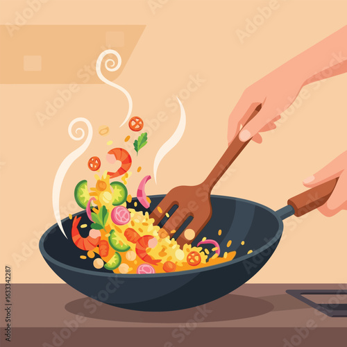 Stir Frying Delicious Seafood Rice in a Wok with Steam