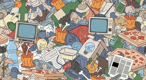 A vast collection of discarded items and forgotten objects scattered across a chaotic landscape