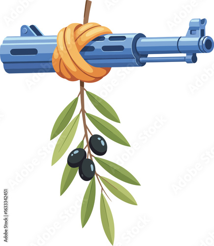 A blue rifle barrel tied into a knot adorned with a fresh olive branch symbolizing peace.