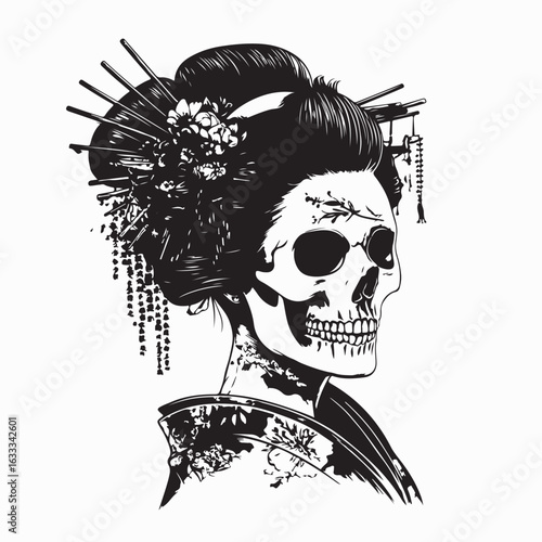 Scary Skull Wearing Traditional Japanese Geisha Kimono Costume Vector Illustration Art
