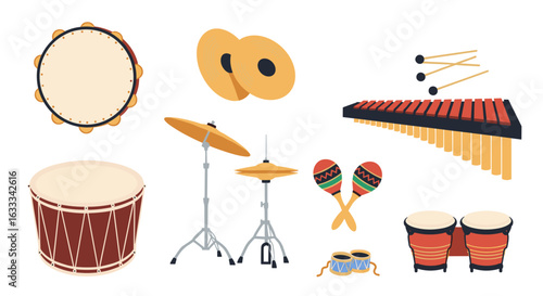 Collection of percussion instruments for music creation and learning rhythms