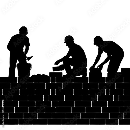 Silhouettes of three dedicated construction workers diligently laying bricks to erect a sturdy new wall against a clean white background.
