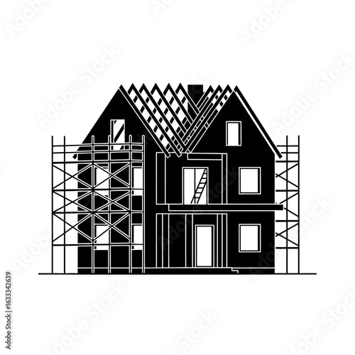Illustration of a house under construction with scaffolding and exposed roof framing, symbolizing development and building.