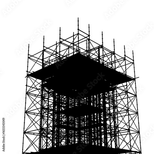 A striking black silhouette of intricate scaffolding rises against a stark white background, symbolizing construction, development, and temporary structures.