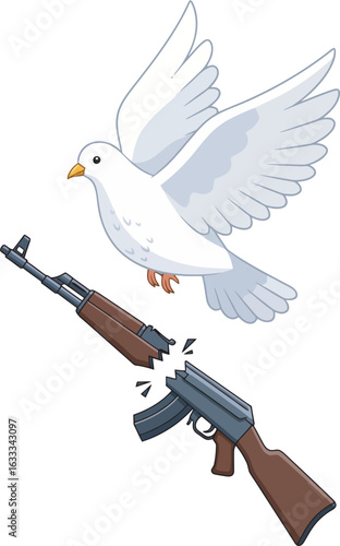 A cartoon white dove of peace flying above a broken assault rifle symbolizing non-violence.