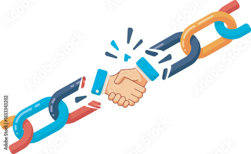 A handshake forms a new link in a broken colorful chain representing collaboration and repair.