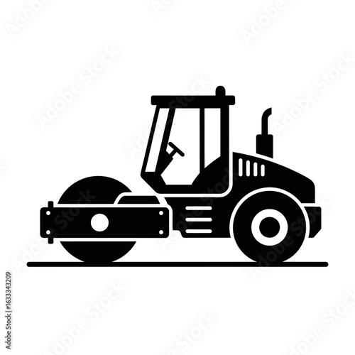 A black and white vector illustration depicts a road roller, a heavy construction vehicle used for compacting soil, gravel, concrete, or asphalt during road construction.