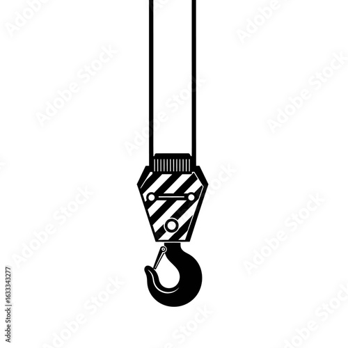 A black and white illustration of an industrial crane hook hanging from thick cables, isolated on a white background, suitable for construction, industrial, or manufacturing designs.