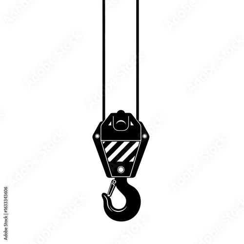 A heavy-duty industrial crane hook suspended from thick cables against a clean white background, symbolizing construction and heavy lifting.