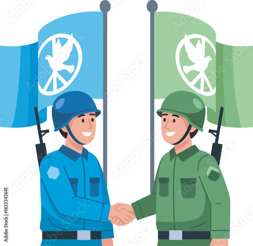 Two friendly soldiers in blue and green uniforms shaking hands symbolizing a peace treaty with dove flags behind them.