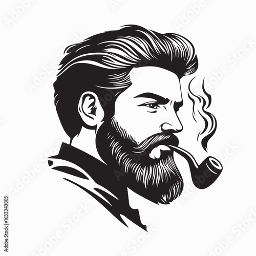 Old Man with Thick Beard and Mustache Smoking Pipe Vector Illustration 