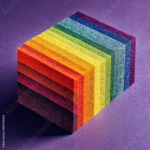 Multi-layered, colorful cube on purple background