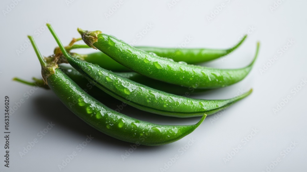 Fresh Green Chili Peppers with Water Droplets on Light Background for Culinary Use Fresh Green Chili Peppers with Water Droplets on Light Background for Culinary Use