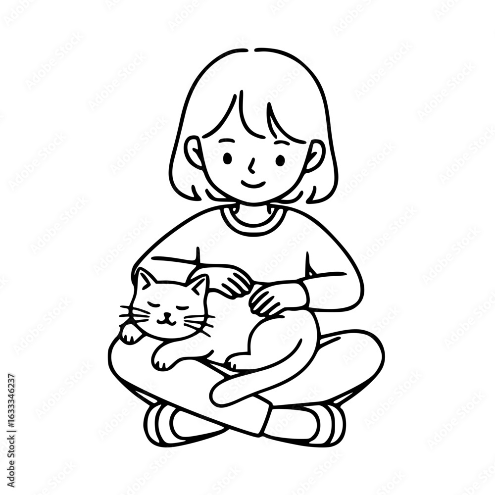 Fototapeta premium Little child cuddling a cute cat lovingly in arms, black and white doodle style