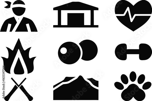 Martial artist building heartbeat campfire dumbbells mountain paw print set of silhouettes awesome icons pack download icons wood vector