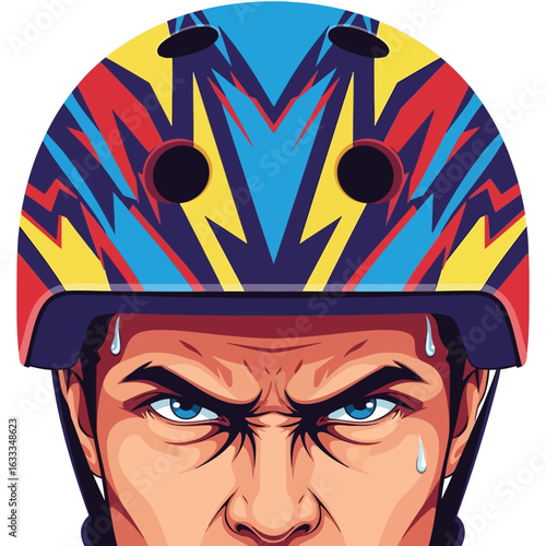 Man Wearing Helmet Staring Intensely with Sweat on His Brow