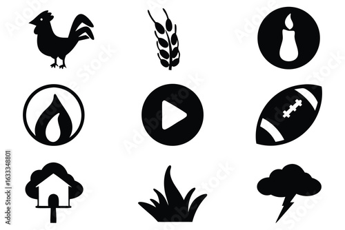 Rooster wheat candle flame play button football birdhouse grass lightning icons vector