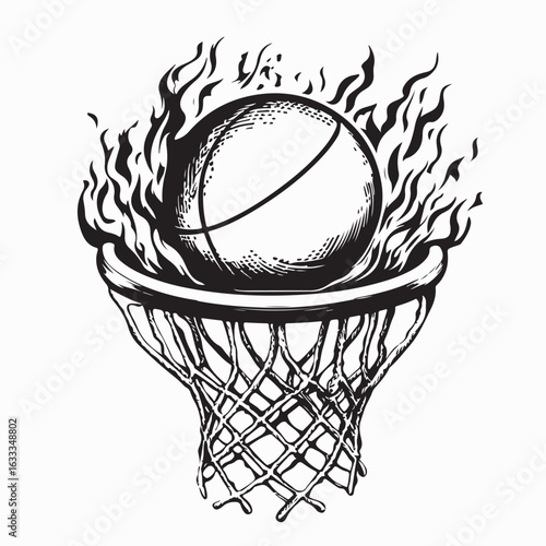 Flaming Basketball Going Through Hoop Vector Graphic Energetic Sports Concept