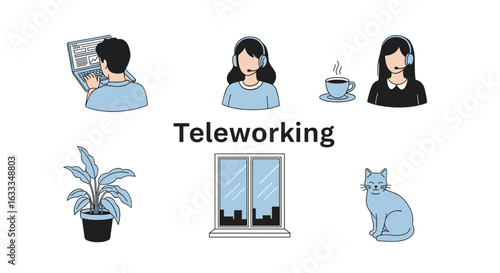 Teleworking remote work from home office with cat plant and window view