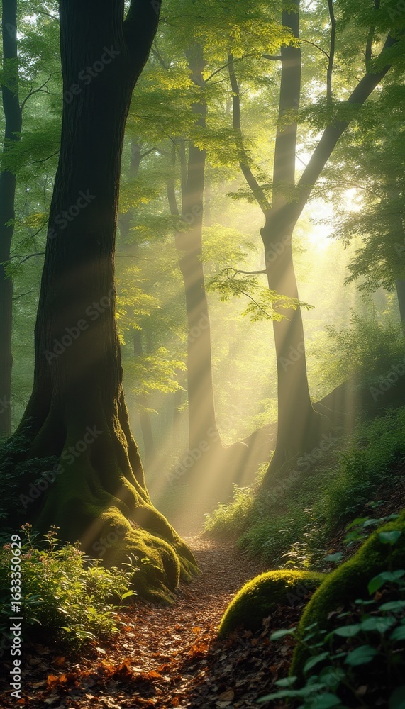 Obraz premium Sun Rays Shining Through Trees on a Serene Forest Path