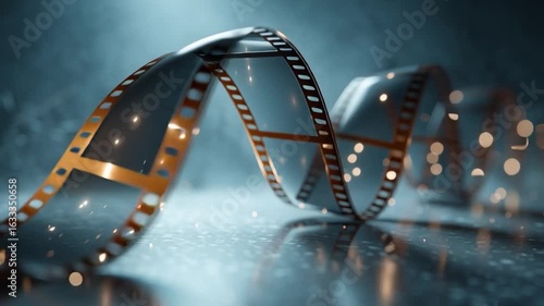 A creative representation of a film reel artistically displayed, emphasizing its curves and reflections in a soft-lit background.