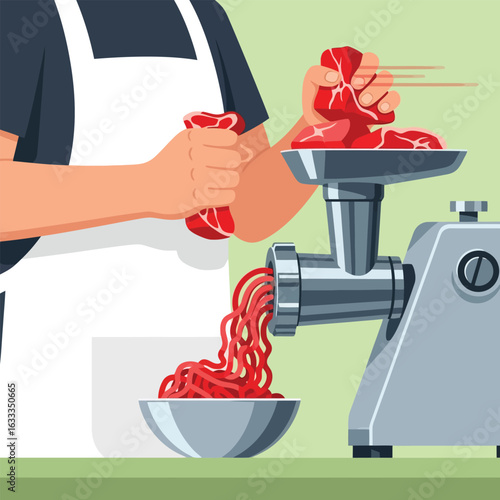 Grinding Fresh Raw Meat with a Meat Grinder for Cooking
