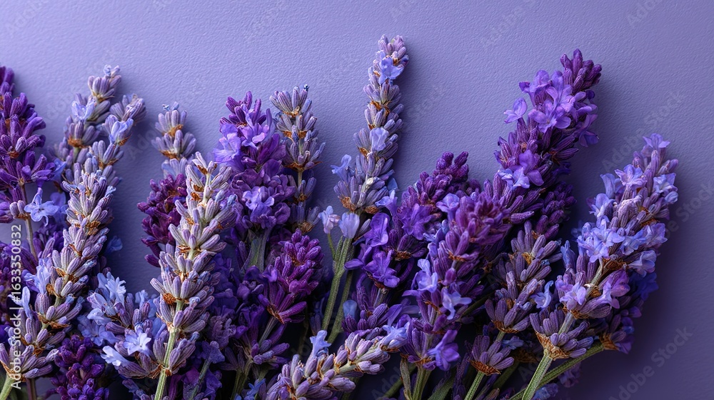 Fototapeta premium Purple Lavender Flowers in Flat Lay Arrangement, Beautiful Floral Background for Decorative Purposes