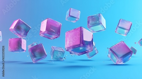Floating Translucent Cubes with Vibrant Pink and Blue Color Gradients