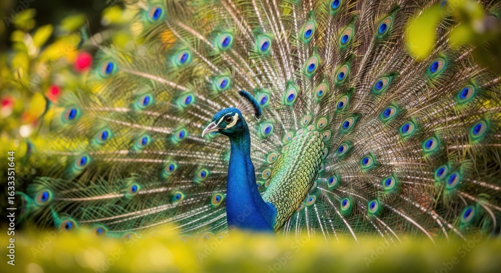 Obraz premium Stunning Peacock Displaying Feathers in Lush Green Environment