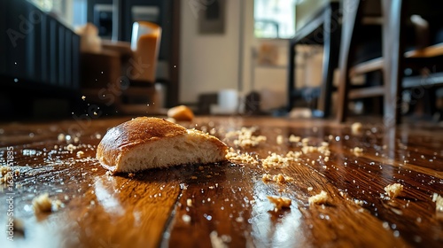 Messy eating bread crumbs scattered on hardwood floor in dining room creates everyday life concept