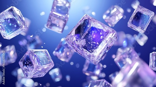 Abstract Floating Ice Cubes on Blue Gradient Background with Bokeh Lights