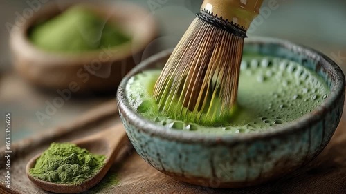 A traditional bamboo whisk blending matcha green tea in a rustic bowl, with powdered matcha and a soft, tranquil background.