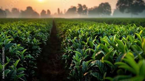 Fresh green tea leaves glisten in the morning light, showcasing a lush tea plantation with a misty backdrop.