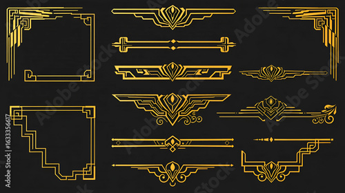 Collection of geometric art deco ornament. Luxury golden decorative elements with lines, ornate corner, borders, frames, headers, dividers. Set of elegant design suitable for card, invitation, poster.
