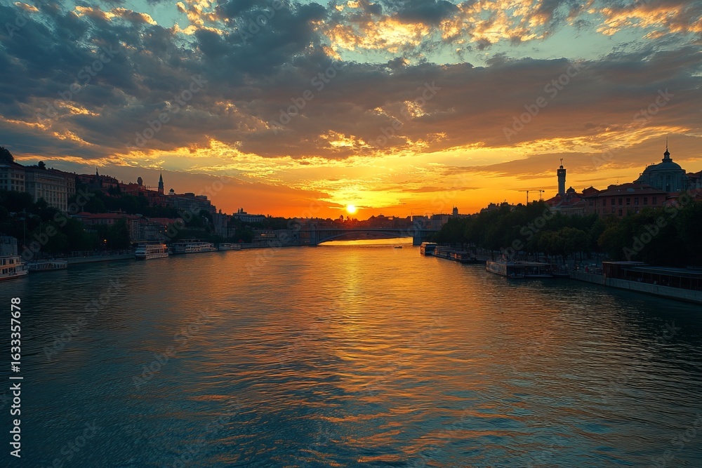Naklejka premium City river sunset with dramatic clouds