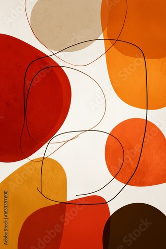 Abstract composition with warm red and orange shapes creating a vibrant atmosphere.