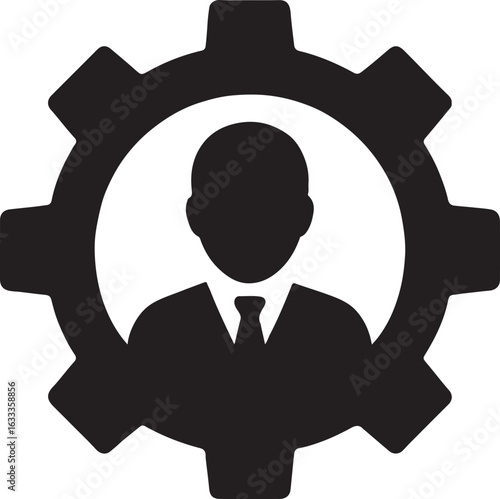 Silhouette vector of a gear with human icon inside, symbolizing skill-building, development, and personal growth.