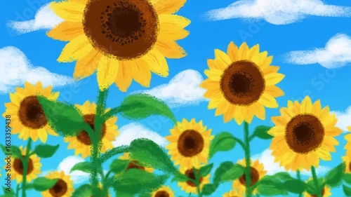 Colorful painting-style animation of a beautiful sunflower field on a sunny summer day
