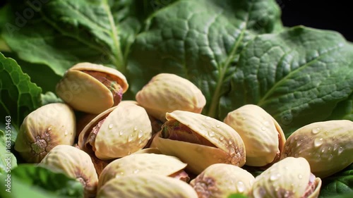 Cinematic macro dolly shot of fresh pistachios with water drops on vibrant green leaves

