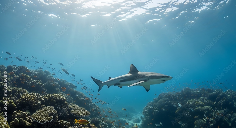 Fototapeta premium Majestic Shark Swimming Over a Coral Reef with Sunbeams