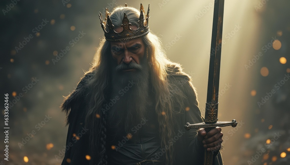 Obraz premium Older man holding sword in forest, serious and regal mood