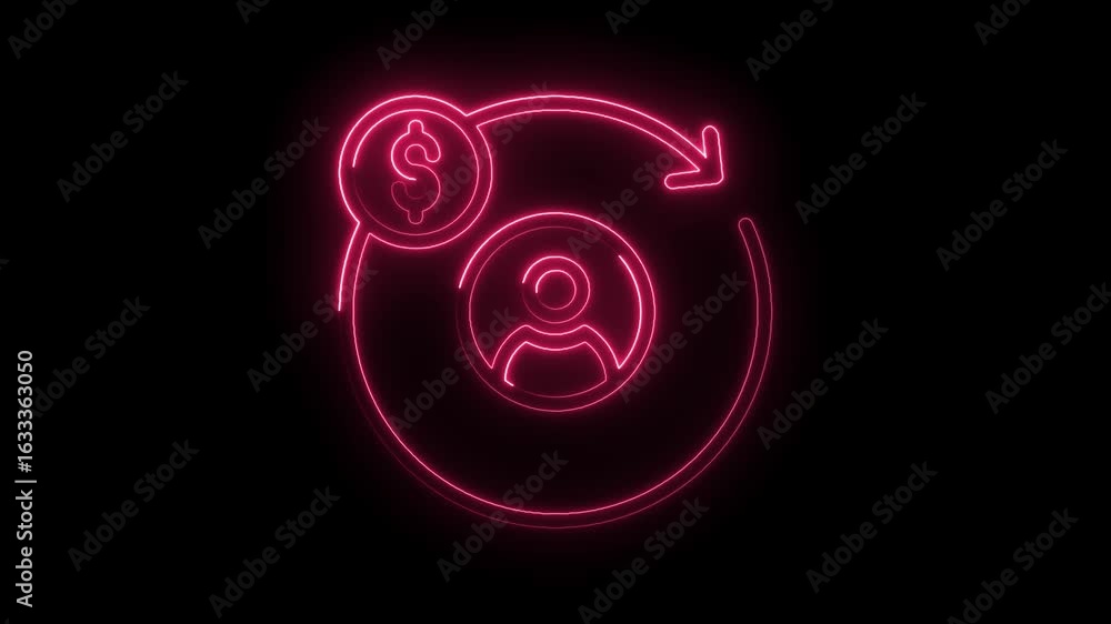 Glowing neon pink money icon with dollar symbol and person silhouette inside circular arrow loop Glowing neon pink money icon with dollar symbol and person silhouette inside circular arrow loop