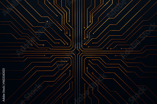 Stunning golden circuit board lines create a futuristic, high-tech digital abstract pattern.