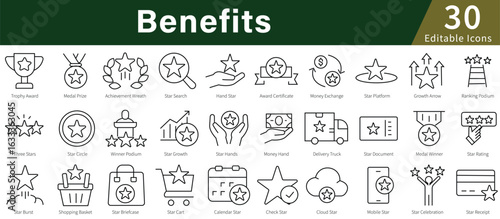 Benefits Line Icons Set with Editable Stroke for Employee, Insurance, Healthcare, and Workplace Perks