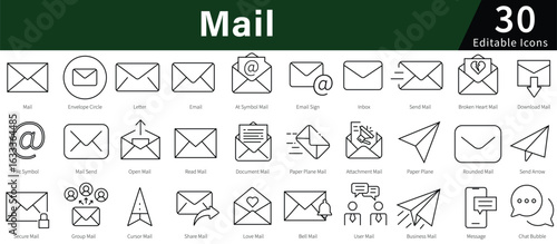 Mail Line Icons Set with Editable Stroke for Email, Message, Communication, and Postal Services