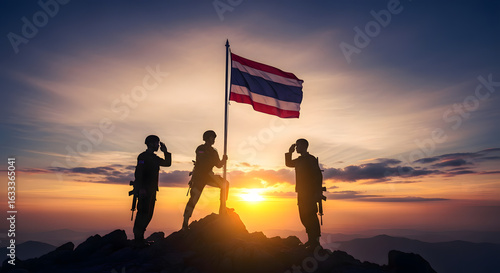 Thailand Victory on High: Silhouette soldiers stand proudly at the peak, saluting the Thai flag against a vibrant sunset, embodying patriotism, duty, and the spirit of the nation.